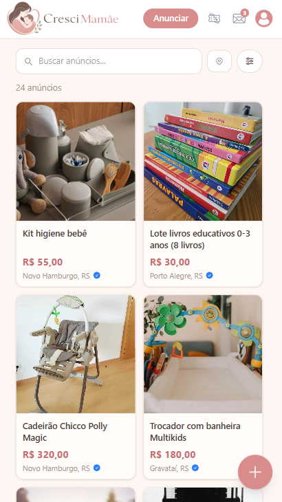 Tela de anúncios do Cresci Mamãe com busca e filtros