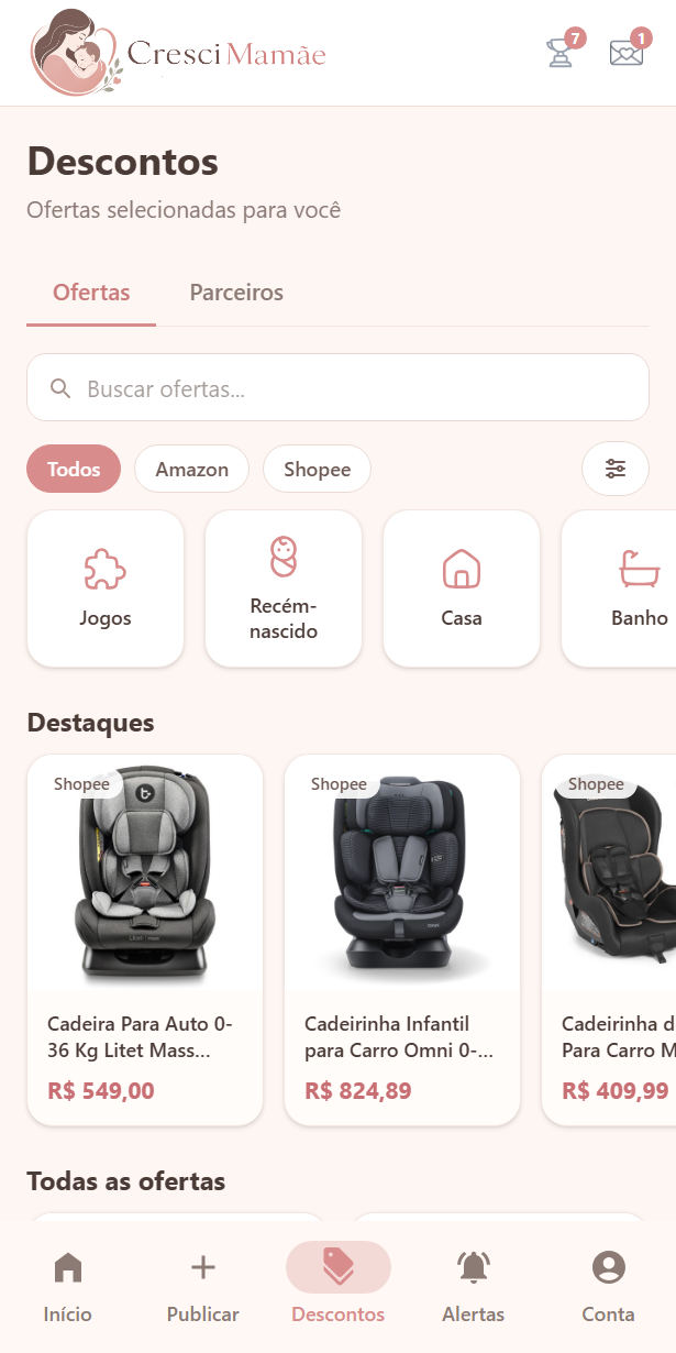 Aba Descontos do Cresci Mamãe, com ofertas selecionadas para mães e filhos
